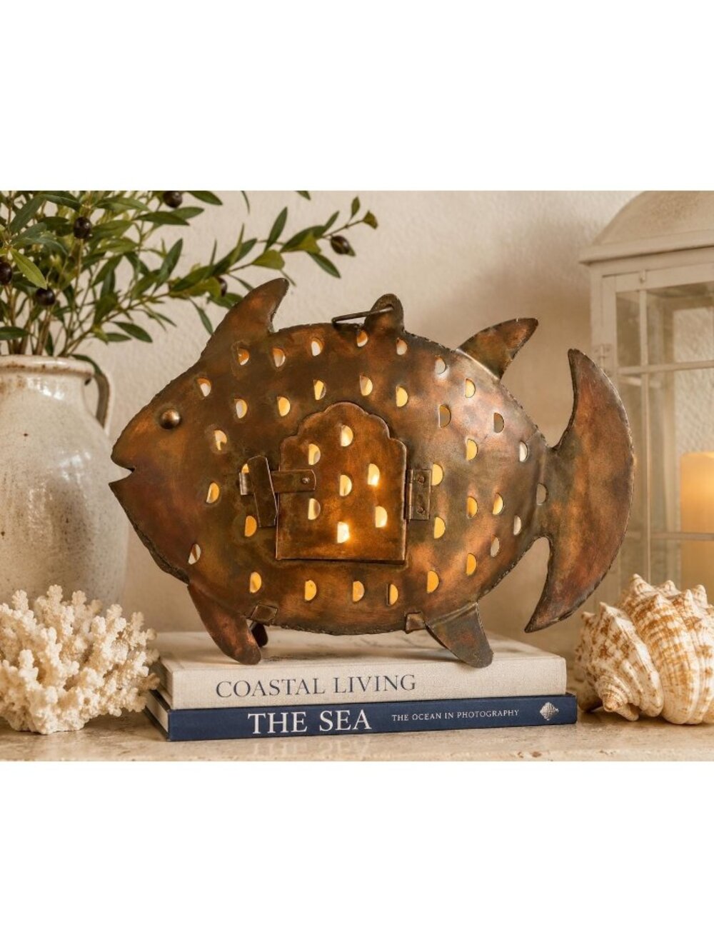 Metal Fish Candle Lantern LED Tea Light Holder Coastal Decor Folk Art Sculpture